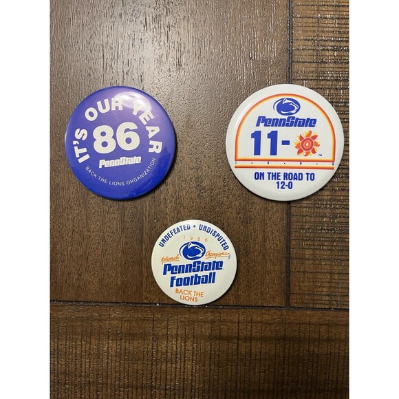 3 VTG Penn State 1986 Fiesta Bowl Buttons Pins vs Miami Hurricanes CHAMPS PSU - Picture 1 of 5